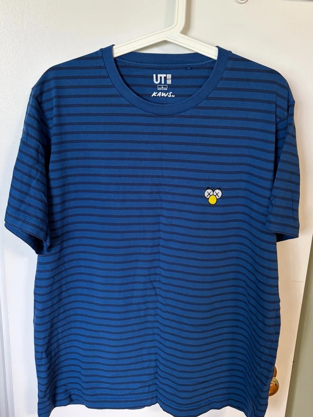 KAWS Blue Navy Striped Short Sleeve Tee with Yellow Patch - Picture 2 of 4